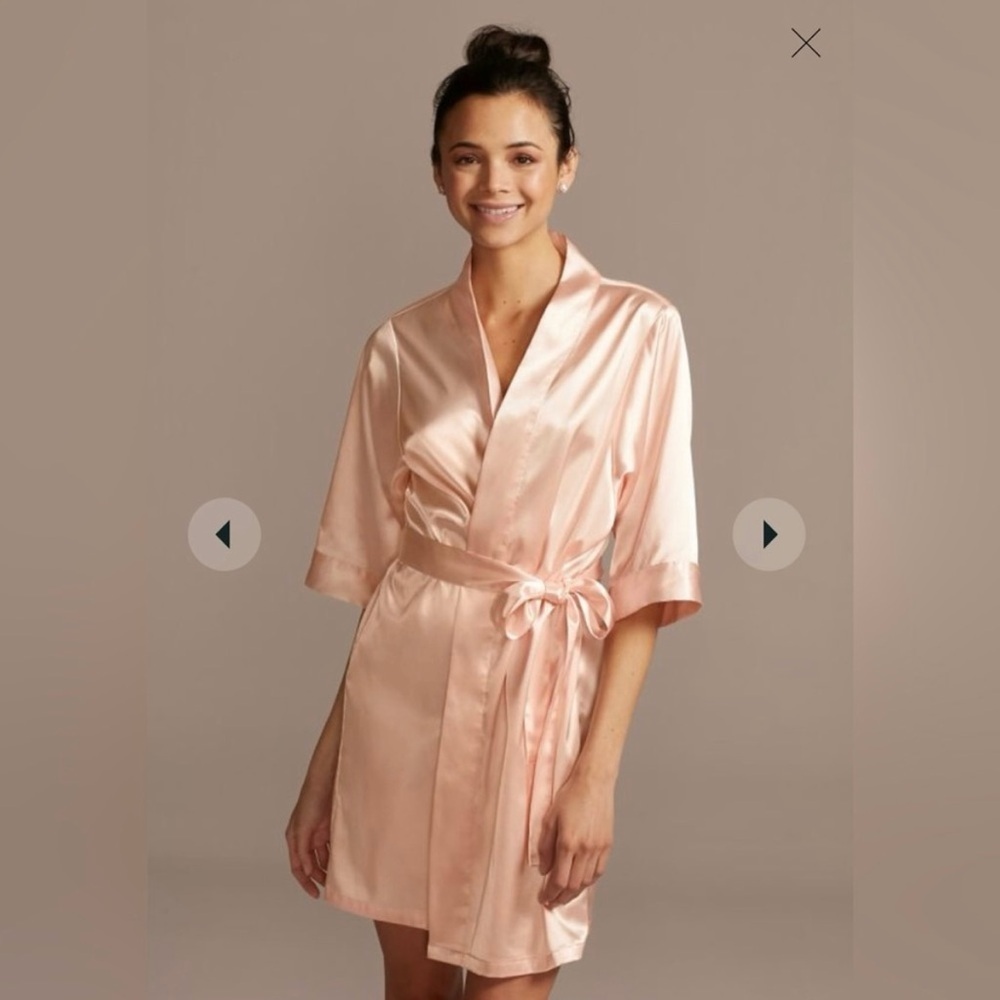 David's Bridal Robe L XL Blue Floral Satin Wrap Wedding DB Studio 3/4 Sleeves